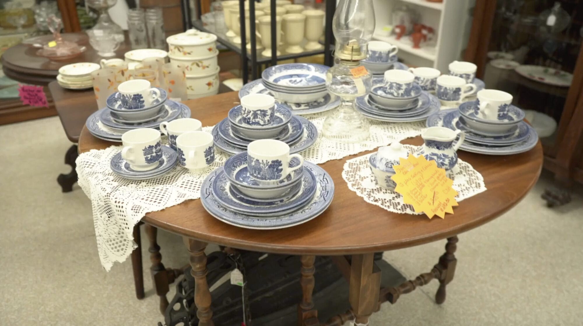 Antique set of blue and white dinnerware for sale at Memory Lane Antique Mall in Gate City, Virginia.